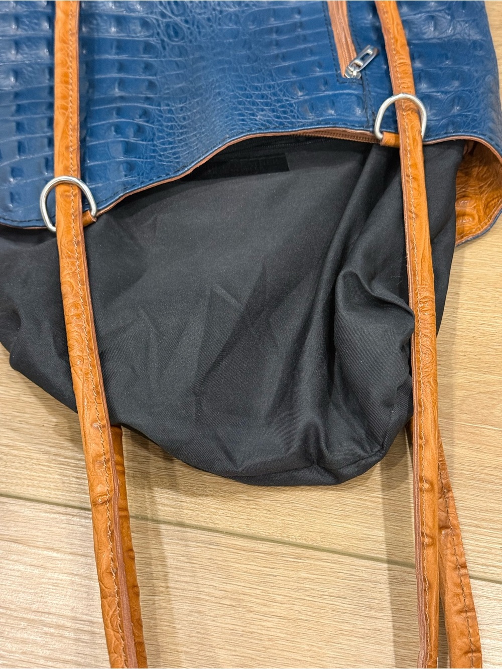 Italian Genuine Leather Croc Embossed Tote Bag Blue Cognac Shoulder Purse - Picture 7 of 12